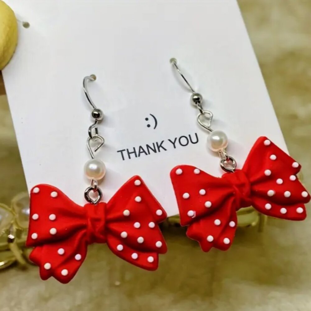 Disney Minnie Mouse Red White Polka Dot Bow Dangle Earrings Faux Pear - Picture 3 of 6